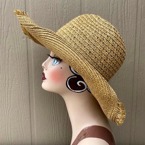 SOLD Vintage Woven Straw Frayed Cowboy Wide Brim Sun Beach Western Hat